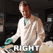 a man in a lab coat is standing in front of a counter with the word right on it