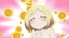 a girl with a halo on her head is surrounded by yellow sunflowers