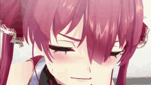 a close up of a pink haired anime girl 's face with her eyes closed