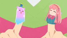 a cartoon drawing of a girl holding a ghost on her finger