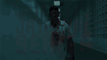 a man in a bloody shirt is walking down a hallway in a dark room .