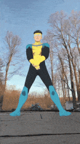 a man in a superhero costume is standing in front of a forest