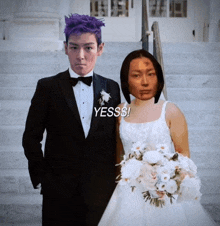 a man in a tuxedo stands next to a woman in a wedding dress with the words yesss on the bottom right