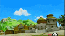 a cartoon of a village with the letter b on the bottom left