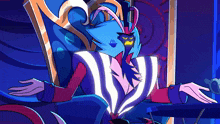 a colorful cartoon character is sitting in a chair