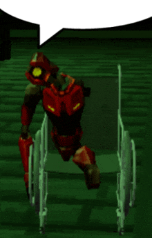 a red robot in a wheelchair with a speech bubble above it