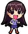 a pixel art of a girl with long hair and a pink tongue .