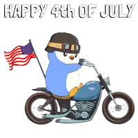a penguin is riding a motorcycle with an american flag and the words happy 4th of july behind him