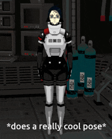 a cartoon of a woman standing in a room with the words * does a really cool pose * below her