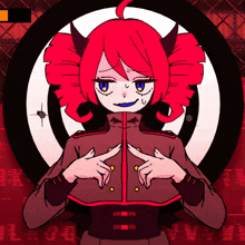 a drawing of a girl with red hair and horns giving a peace sign