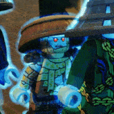 a lego ninjago character with red eyes and a wooden hat