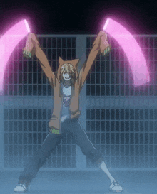 a person in a cat hoodie is holding two pink glowing lights