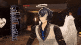 a man with a halo on his head is standing next to an angel
