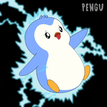 a blue and white penguin is surrounded by lightning and the word pengu is on the bottom right