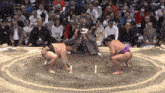 a sumo wrestler squats down in front of a crowd while another wrestler squats in front of him