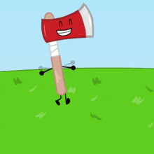 a red and white axe with a smiling face on it