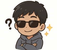 a cartoon boy wearing sunglasses and a hoodie with a question mark above his head .