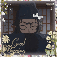 a picture of a man with glasses and a hat that says good morning