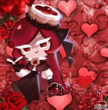 a picture of a girl with red hair surrounded by hearts and roses says good afternoon