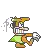 a pixel art drawing of a cartoon character with a green cape and a sword .