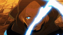 a close up of a person with a blue light coming out of their eye