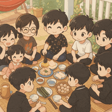 a group of kids are sitting around a table with food