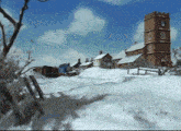 a snowy landscape with a clock tower in the background