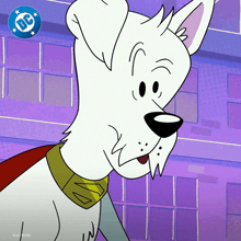 a cartoon dog wearing a red cape with the dc logo on the bottom