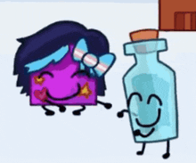 a cartoon character and a bottle are standing next to each other and smiling .