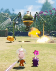 purple pikmin oatchi man at legs white pikmin normal day