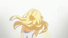 a girl with blonde hair is wearing a white top