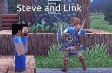 steve and link are standing next to each other in a minecraft game .