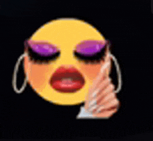 a yellow smiley face with purple eyeshadow and earrings is holding a piece of paper .