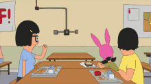 bob 's burgers characters are sitting at a table with a sign that says f
