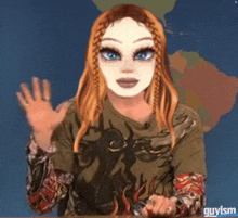 a woman wearing a mask and a guyism shirt