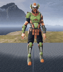 a video game character with a green armor and a horned helmet