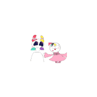 a pixel art drawing of a snowman in a pink dress standing next to a clown .