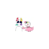 a pixel art drawing of a snowman in a pink dress standing next to a clown .