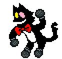 a pixel art of a black cat with a red bow tie .