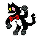 a pixel art of a black cat with a red bow tie .