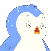 a blue and white penguin with a surprised look on his face