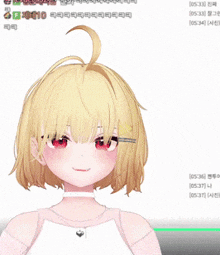 a girl with blonde hair and red eyes is wearing a choker necklace