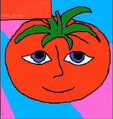 a drawing of a tomato with blue eyes
