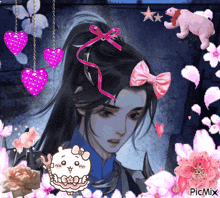 a picture of a girl with a pink bow in her hair is surrounded by pink flowers and hearts