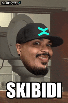 a man wearing a hat with an x on it sits on a toilet with the words skibidi written below him