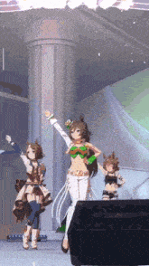 a group of anime characters are dancing on a stage in front of a microphone .