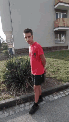 a young man wearing a red t-shirt with a horse on it is standing on the side of the road