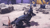 a person riding on the back of a blue dragon in a video game