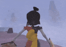a cartoon character is standing on a hill holding a sword
