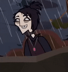 a cartoon character is smiling in the rain .